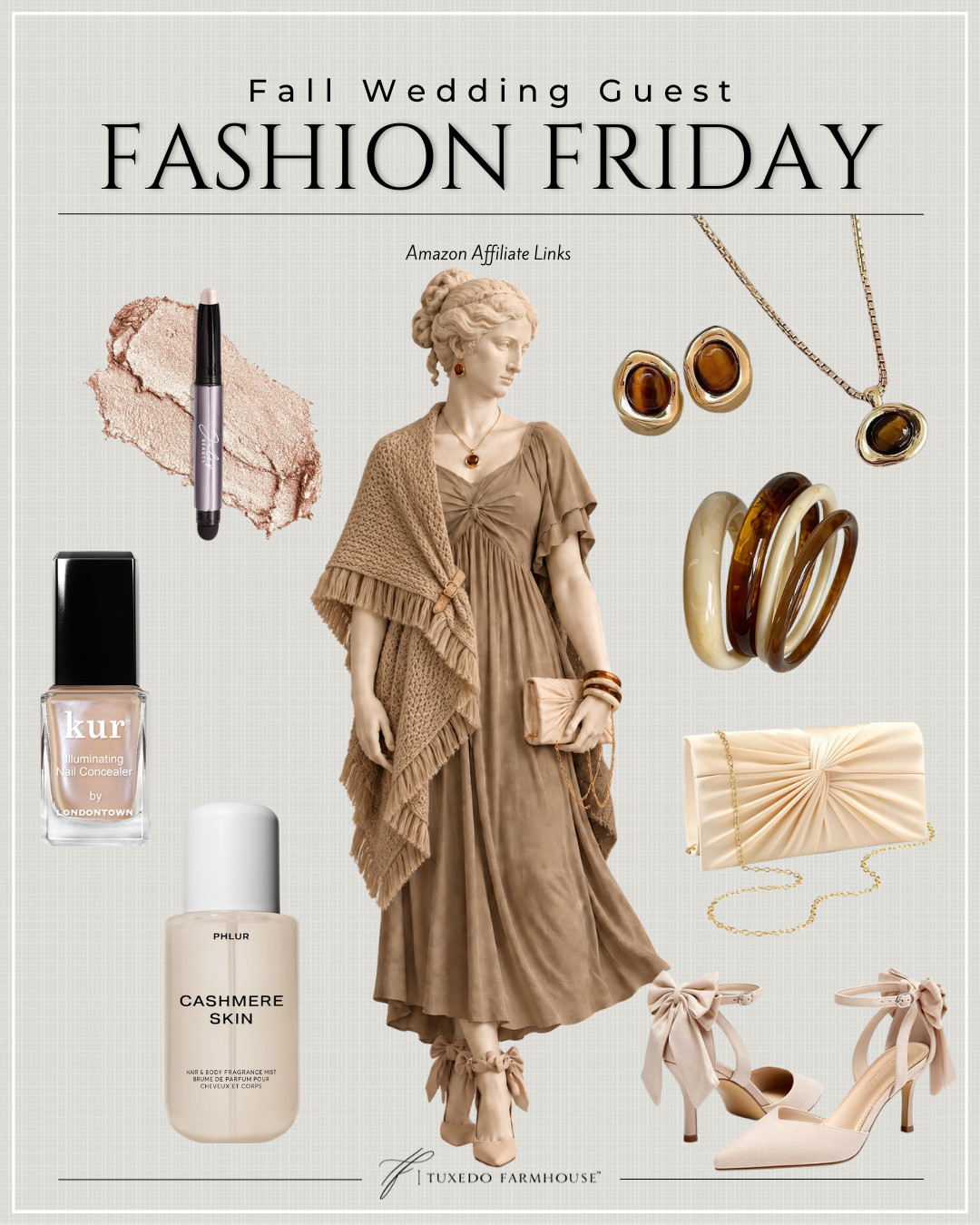Fall wedding guest style with the prettiest warm neutrals. 🤎 This flowy dress paired with a cozy fringed shawl, bow heels, creamy clutch and amber-inspired jewelry feels elegant without being overly formal. I added a few beauty favorites for that soft, polished finishing touch. Everything is linked!

#LTKStyleTip #LTKSeasonal #LTKBeauty #FallWeddingGuest #WeddingGuestStyle #FallFashion #AmazonFashion #FallOutfitInspo 

 #LTKSeasonal #LTKSaleAlert #LTKBeauty