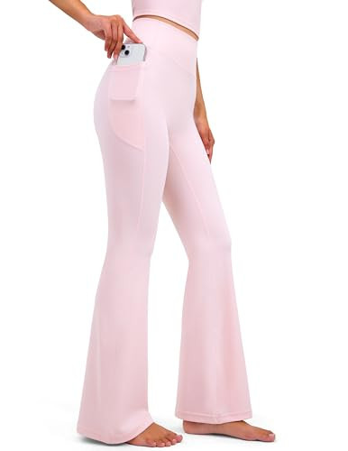 YUNOGA Flare Leggings for Women with Pockets 30" Inseam High Waisted No Front Seam Buttery Soft Gym Yoga Pants (M, Pink Sude) | Amazon (US)