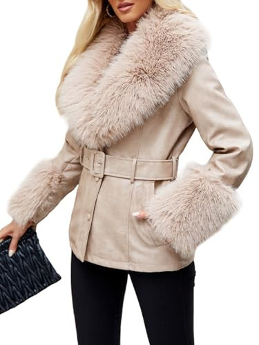 Bellivera Women Faux Leather Jacket Winter Long Sleeve Zip Belt Coat with Fur Collar LZ13007 Beige XXL | Amazon (US)