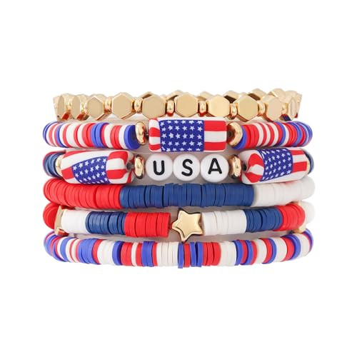 GOOJIDS Surfer Heishi Clay Bead Bracelets for Women Bohemian Stackable Gold Beaded Stretch Bracelets Elastic Layering Friendship Bracelets Set Boho Jewelry (D-Flag 2) | Amazon (US)