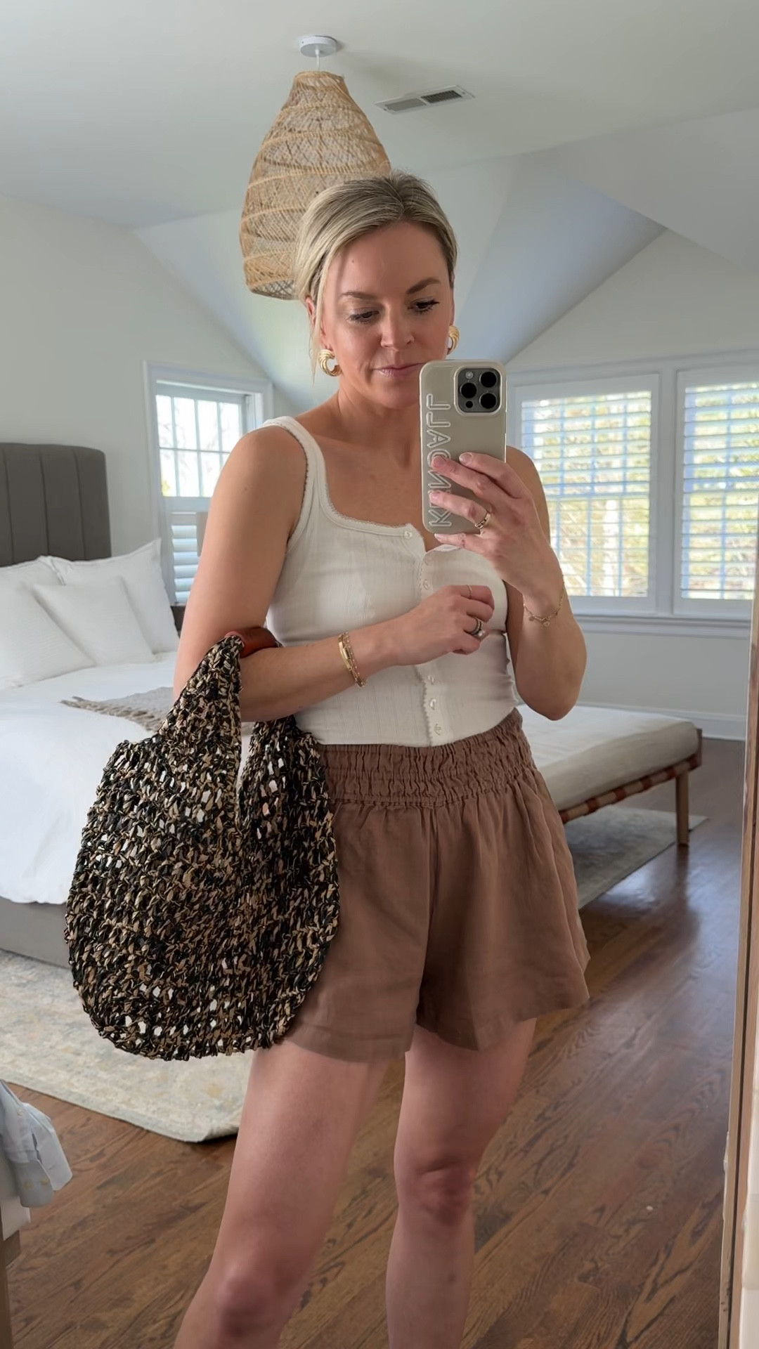 Ordered this cute bag & flowy shorts for spring break. Wear to breakfast or as a cover up. 
-small shorts, tts 
-tank is old, linked similar 