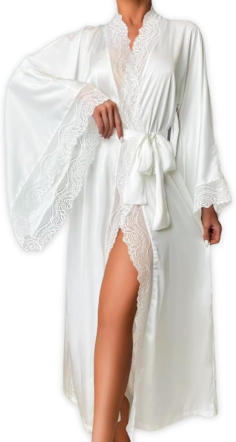 ChiaoLezhee Silk Long Robe For Women, Satin Lace-Trim, Bride Wedding-Night, Bridal Bridesmaid Kim... | Amazon (US)