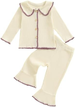 Toddler Baby Girl Fall Winter Outfits Ribbed Long Sleeve Button Down Shirt Tops Flare Pants Cute ... | Amazon (US)