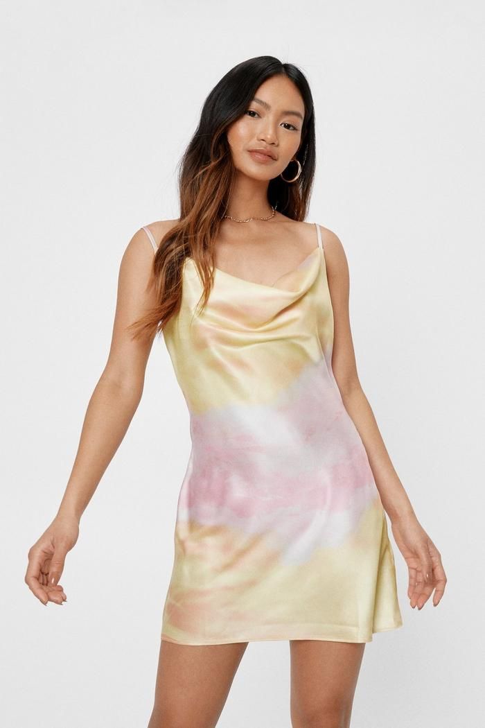 Petite Cowl Neck Tie Dye Satin Mini Dress | NastyGal (UK, IE)