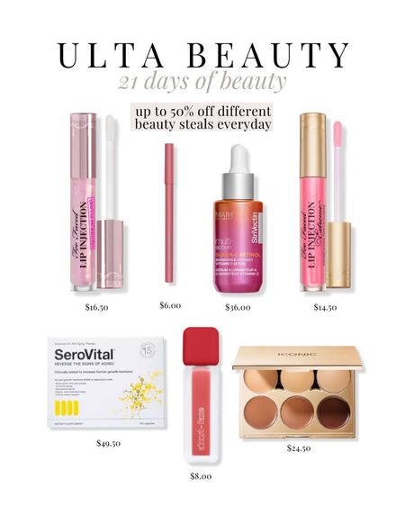 ULTA 21 DOB - day 5! 50% off prestige beauty steals! 

Queen Carlene, everyday makeup, lip plumper, sale alert, too faced, serovital, lip injection, iconic, eyeshadow, matte lipstick 

#LTKunder50 #LTKsalealert #LTKbeauty