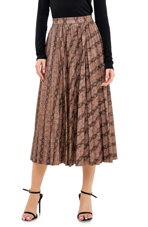Endless Rose Snakeskin Print Pleated Midi Skirt in Tan at Nordstrom, Size Small | Nordstrom