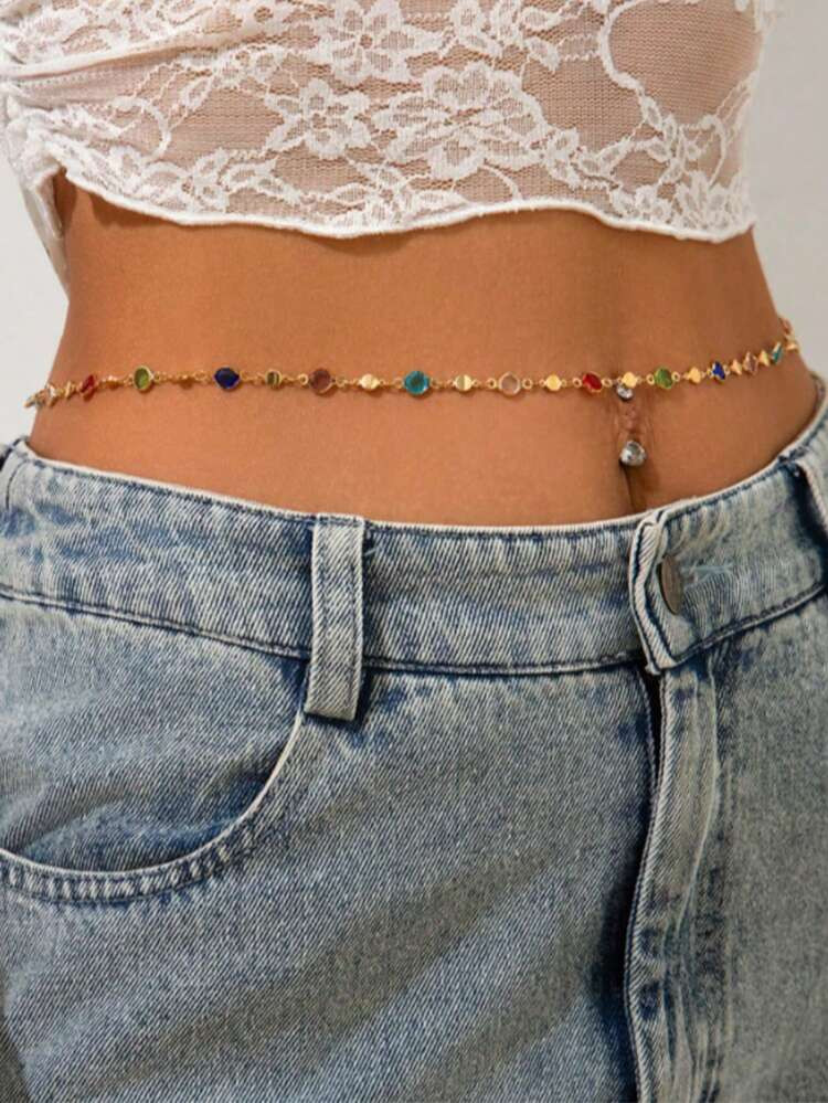 1 Piece Zinc Alloy Golden Silver Body Chain Bohemian Style Colored Imitation Crystal Body Chain Suitable For Ladies Party Dating Gift | SHEIN