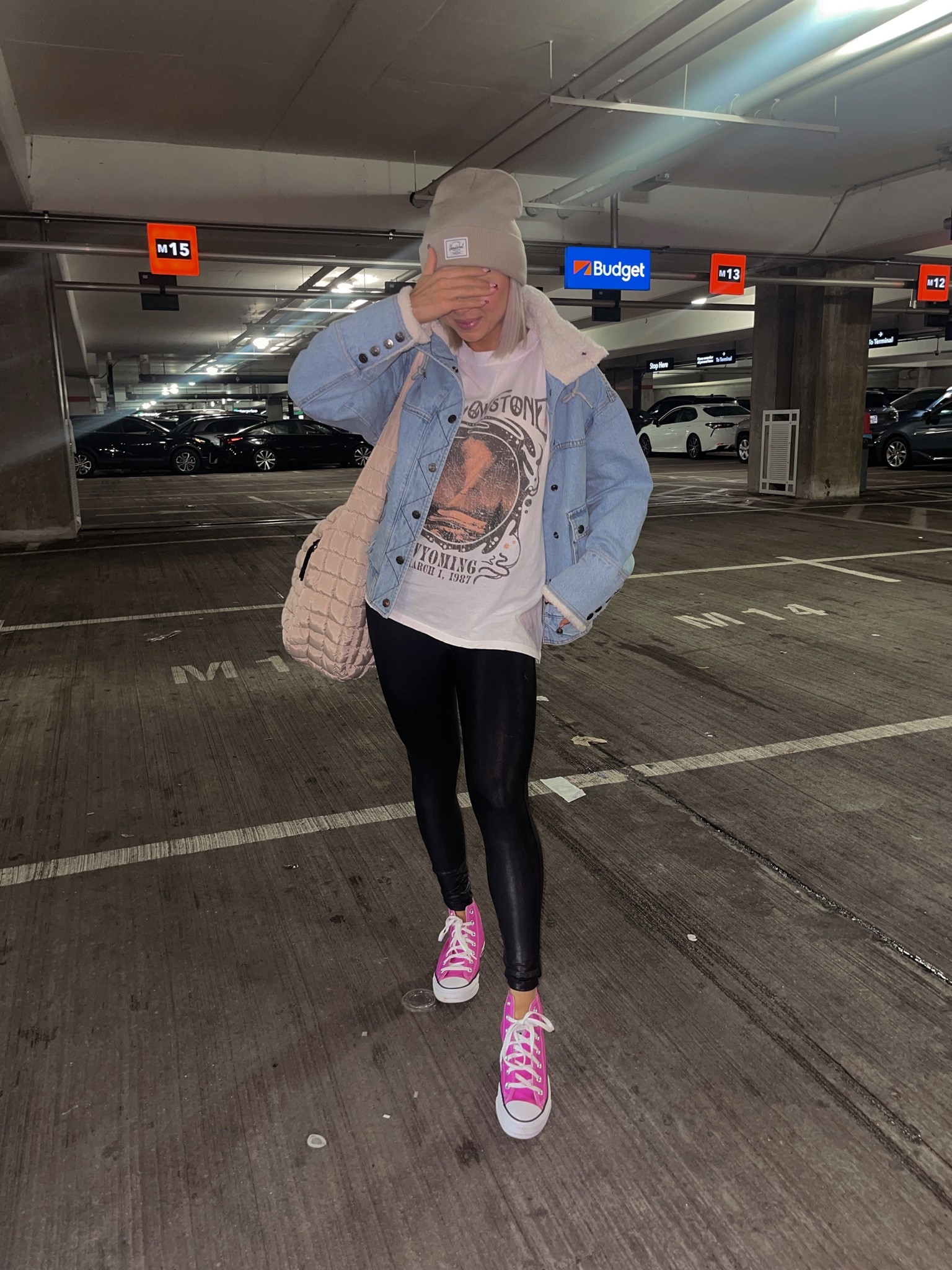 10% off my faux leather leggings with code TANNERXSPANX size medium petite. Wearing an XS in my #freepeople Yellowstone long sleeve tee & xs in my sherpa trim denim jacket. #AirportOutfit #TravelStyle 

#LTKHoliday #LTKstyletip #LTKSeasonal