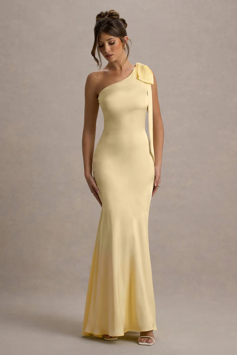 Here For Love  Pale Lemon Satin Asymmetric Maxi Dress With Bow | Club L London