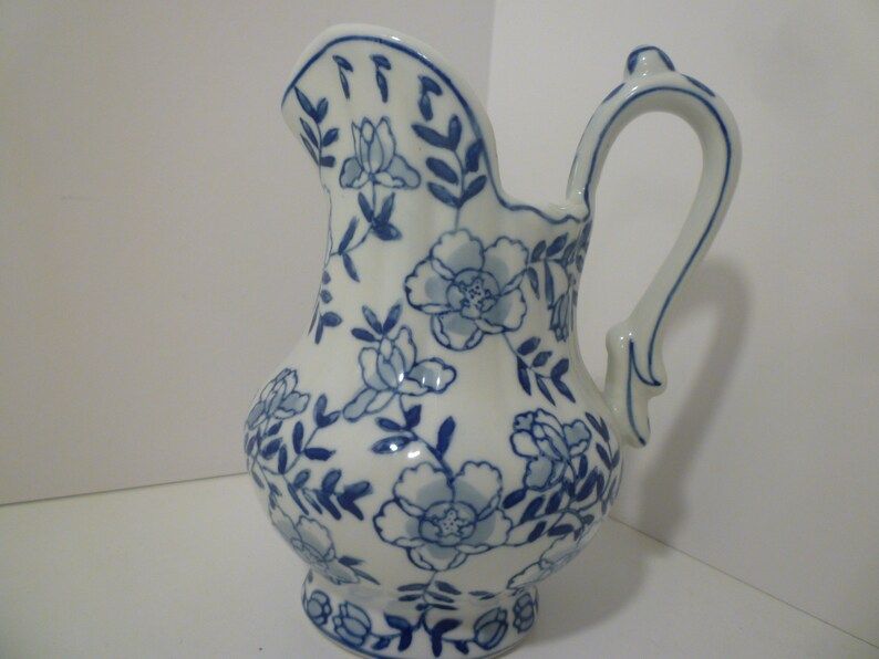 Pitcher / Vase. Vintage Blue and White Porcelain Smaller Size Andrea by Sadek Blue and White Pitc... | Etsy (US)