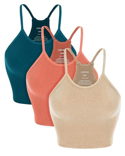 ODODOS Women's Crop Camisole 3-Pack Washed Seamless Rib-Knit Crop Tank Tops, Beige Coral Teal, Medium/Large | Amazon (US)