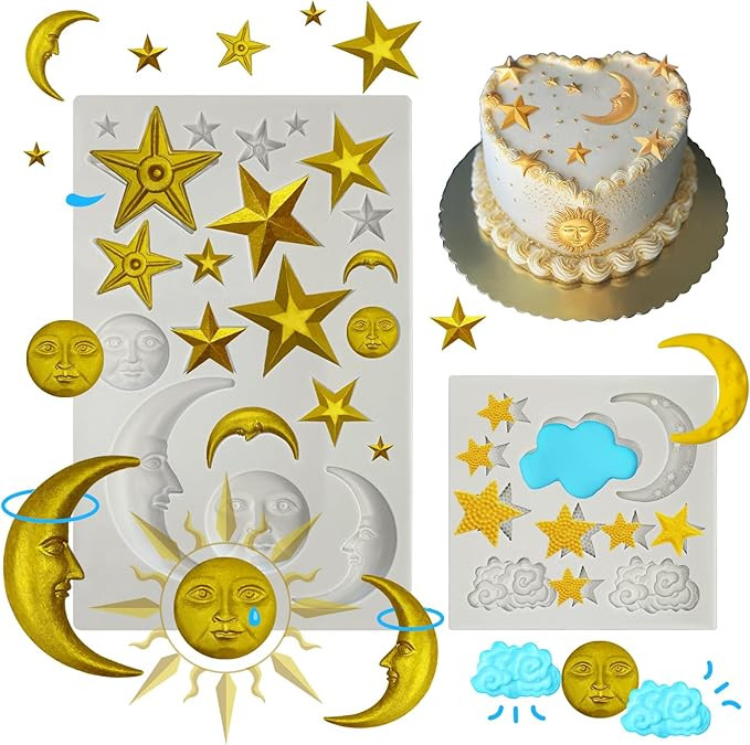 2 Pcs Moon Star Sun Face Silicone Molds Cloud Fondant Cake Molds Candy Polymer Clay Molds Silicon... | Amazon (US)