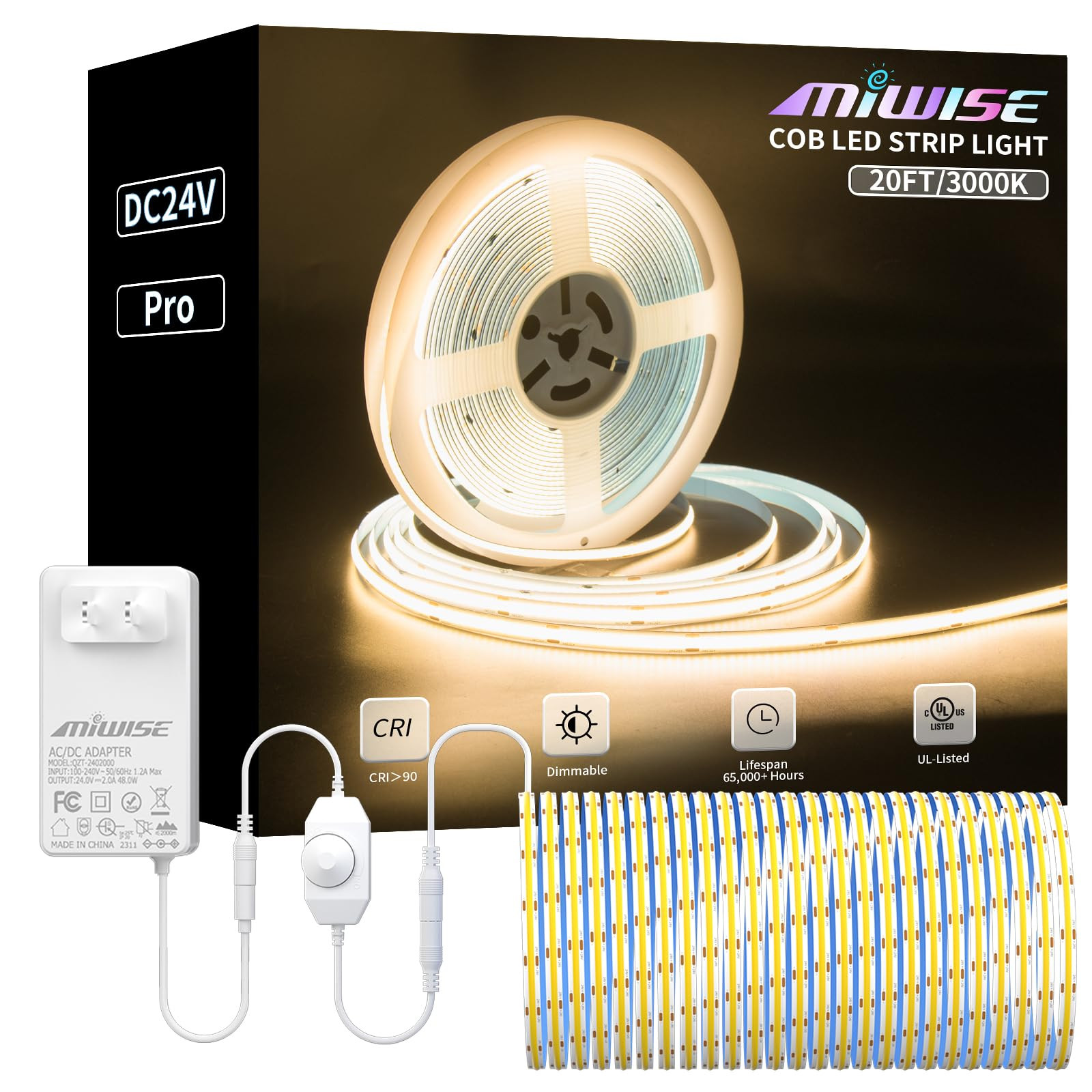 MIWISE COB LED Strip Light 20ft/6.1m,CRI 90+ Warm White 3000K High Lumen Dimmable Super Bright Fl... | Amazon (US)
