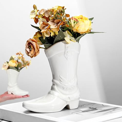 Croblissful Cowgirl Boot Vase for Book Shelf Ceramic Cowboy Decoration Arrangements Nice Western Country Accent Vase Unique Boot Planter for Modern Aesthetic Room Wedding Decor(White) | Amazon (US)