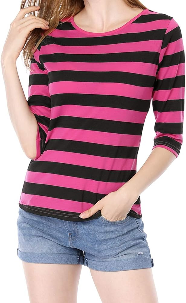 Allegra K Women's Elbow Sleeves Top Round Neck Slim Fit Basic Tee Casual Printed T-Shirt | Amazon (US)
