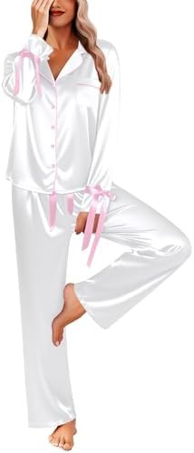 Ekouaer Women Classic Button Down Long Satin Pajamas Set,Bow Tie Silky Cute Pjs Sets Fancy Lounge... | Amazon (US)