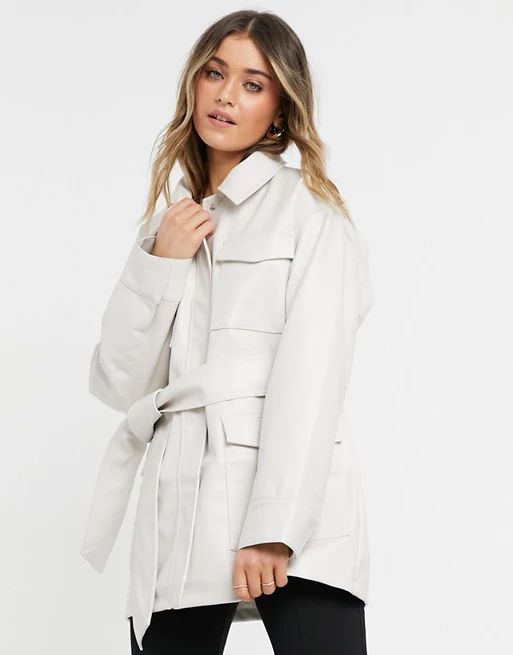 ASOS DESIGN oversized leather look jacket with pocket detail in cream | ASOS (Global)