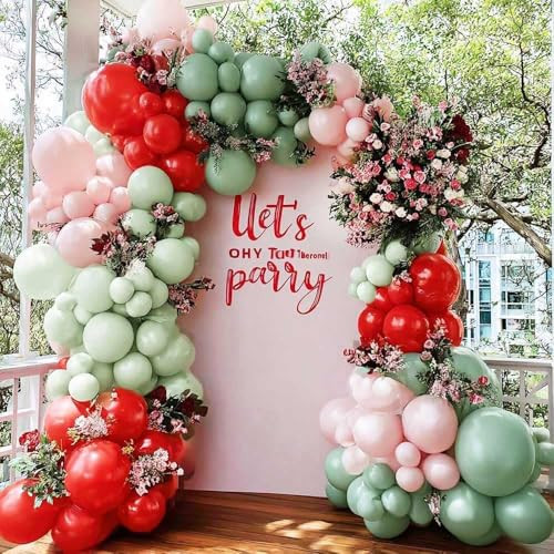 Pink Red Green Balloon Arch Double Stuffed Dusty Green, Ruby Red, Pastel Pale Pink Christmas Balloon Garland Kit for Cherry on Top Birthday Baby Shower Wedding Xmas Party Decoration | Amazon (US)