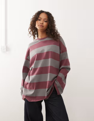 Weekday oversized long sleeve t-shirt in grey & burgundy stripe exclusive to ASOS | ASOS | ASOS (Global)