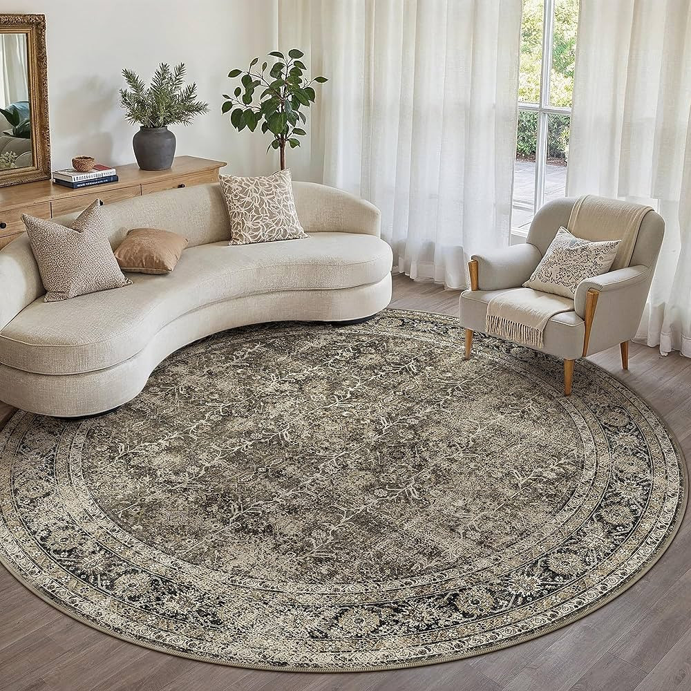 Brown Round Area Rug 6ft Washable 6x6 Circle Vintage Low Pile Indoor Large Kitchen Living Room Ca... | Amazon (US)