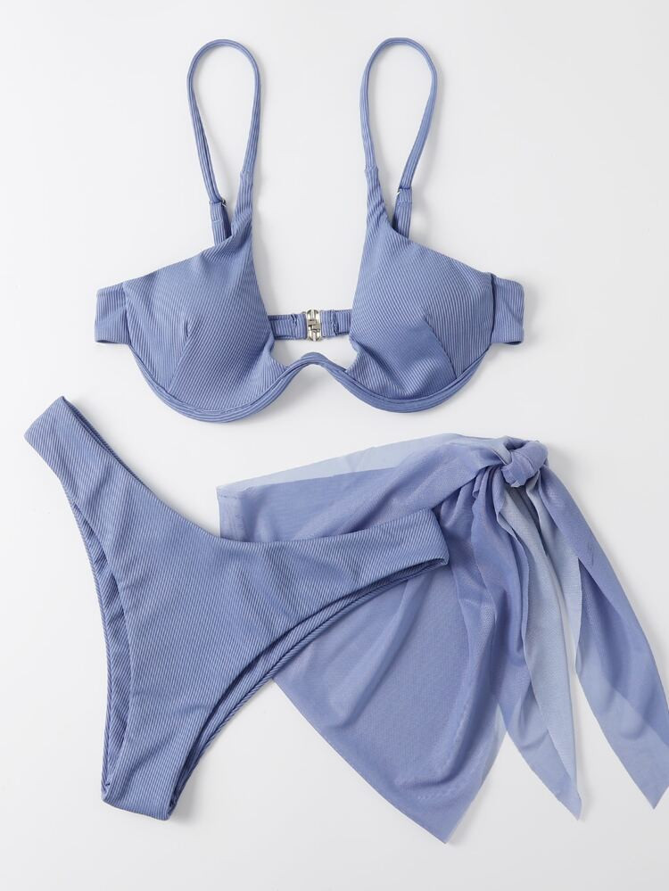 3pack Rib Underwire Bikini Swimsuit & Beach Skirt | SHEIN