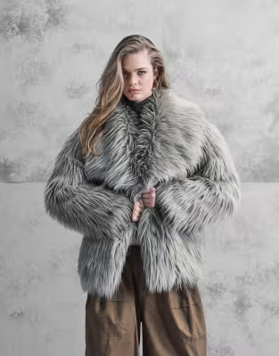 ASOS DESIGN oversized jacket with faux fur collar in sage | ASOS | ASOS (Global)