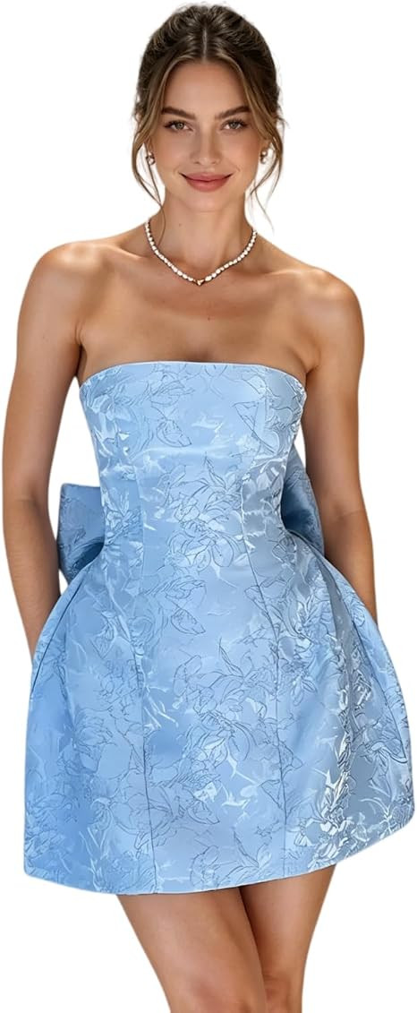 JUMISEE Embroidery Satin Homecoming Dress with Bow Modest Strapless Mini Dresses A Line Short Pro... | Amazon (US)