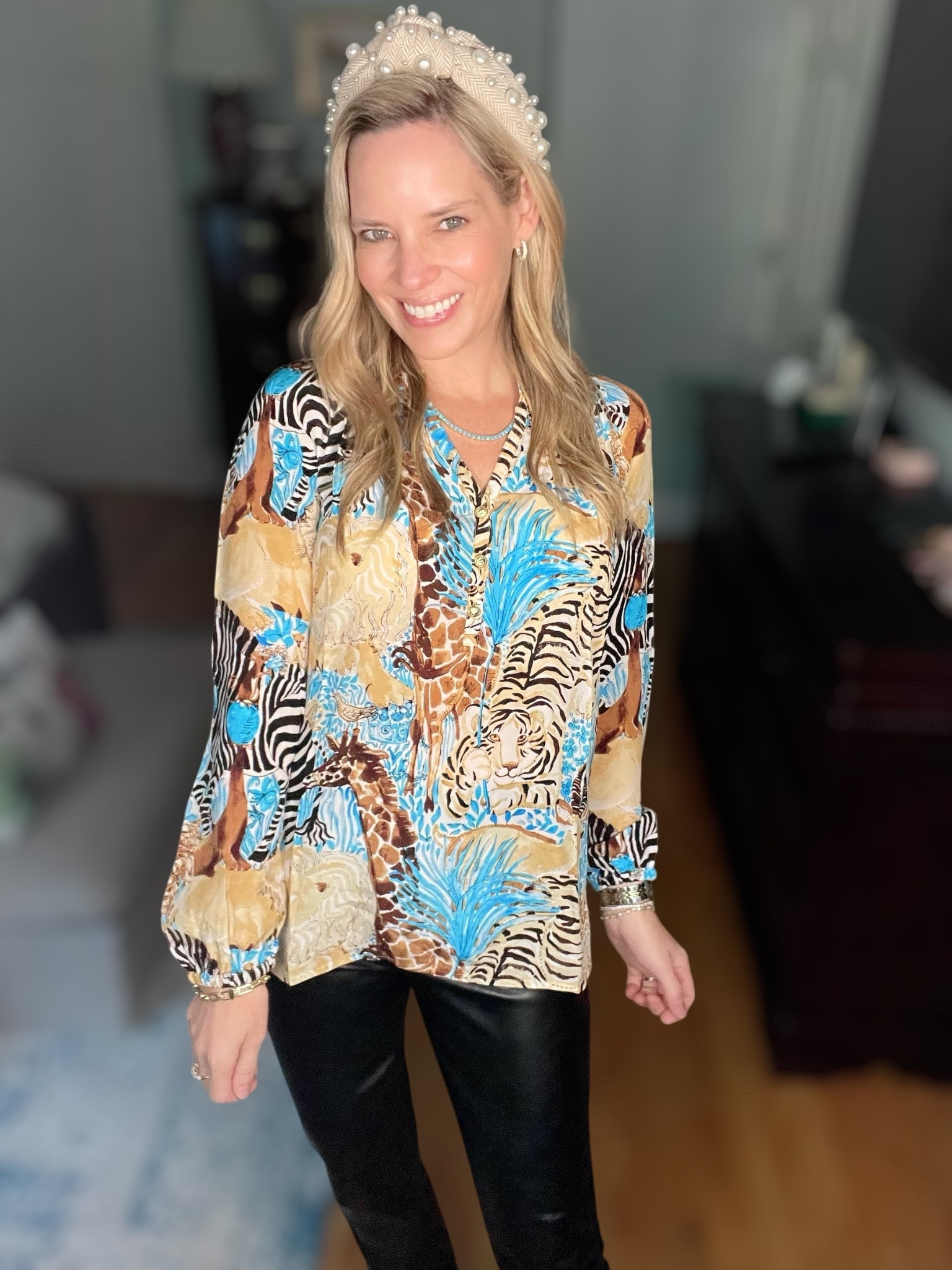 Elevated glam meets edgy chic ✨ I styled my Lilly Pulitzer Elsa silk blouse (wearing XS) in a vibrant animal + tropical print with sleek black vegan leather pants for a night-out ready look. The mix of bold pattern and luxe texture makes this outfit perfect for fall events, date night, or a stylish girls’ dinner. I added a pearl knotted headband for a feminine touch and finished with leopard print pointed toe pumps for the ultimate statement shoe 🐆. Accessorized with gold tennis jewelry, chain bracelets, and layered necklaces from Melinda Maria Jewelry (use code PREPPYREBEL for 10% off + free gift 🎁).

📌 Style tip: Balance a statement blouse with sleek leather pants and bold accessories for an effortlessly polished look.

Lilly Pulitzer Elsa silk top XS, black vegan leather pants outfit, leopard print heels, pearl headband style, fall date night outfit ideas, chic dinner outfit, trendy animal print blouse, Melinda Maria jewelry discount code PREPPYREBEL.


#LTKFindsUnder100 #LTKShoeCrush #LTKOver40

#LTKOver40 #LTKWorkwear #LTKFindsUnder100