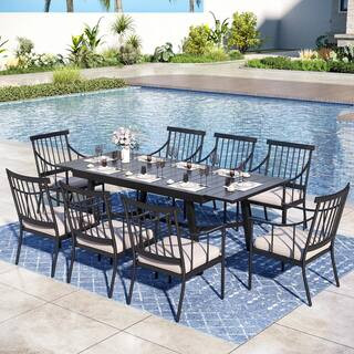 PHI VILLA 9-Piece Metal Outdoor Dining Set with Extensible Table and Stylish Chairs with Beige Cu... | The Home Depot