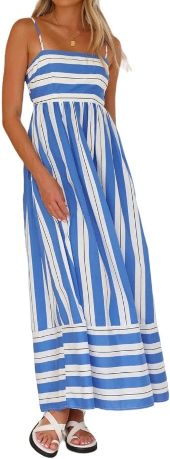 Women Dresses Boho Summer Floral Striped Sleeveless Maxi Dress Casual Spaghetti Strap Tiered Flow... | Amazon (US)