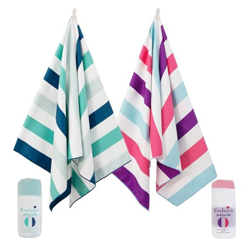 Exclusivo Mezcla 2 Pack Microfiber Quick Dry Beach Towels, Oversized Lightweight Sandfree Pool Towels for Swimming Camping Travel with Bagn (Green and Purple, 35x70 Inches) | Amazon (US)
