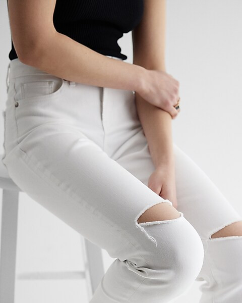 Mid Rise White Ripped Boyfriend Jeans | Express
