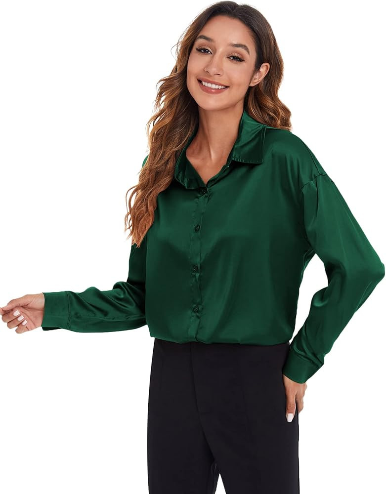 MakeMeChic Women's Oversized Satin Silk Long Sleeve Button Down Shirt Blouse Top | Amazon (US)