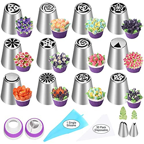 47 Pcs Russian Piping Tips Set, 12 Flower Frosting Nozzles Icing Tips for Cake Decorating Tips Kit, Baking Supplies for Cookie Cupcake, 2 Leaf Piping Tips 2 Couplers 30 Pastry Baking Bags YLYL | Amazon (US)