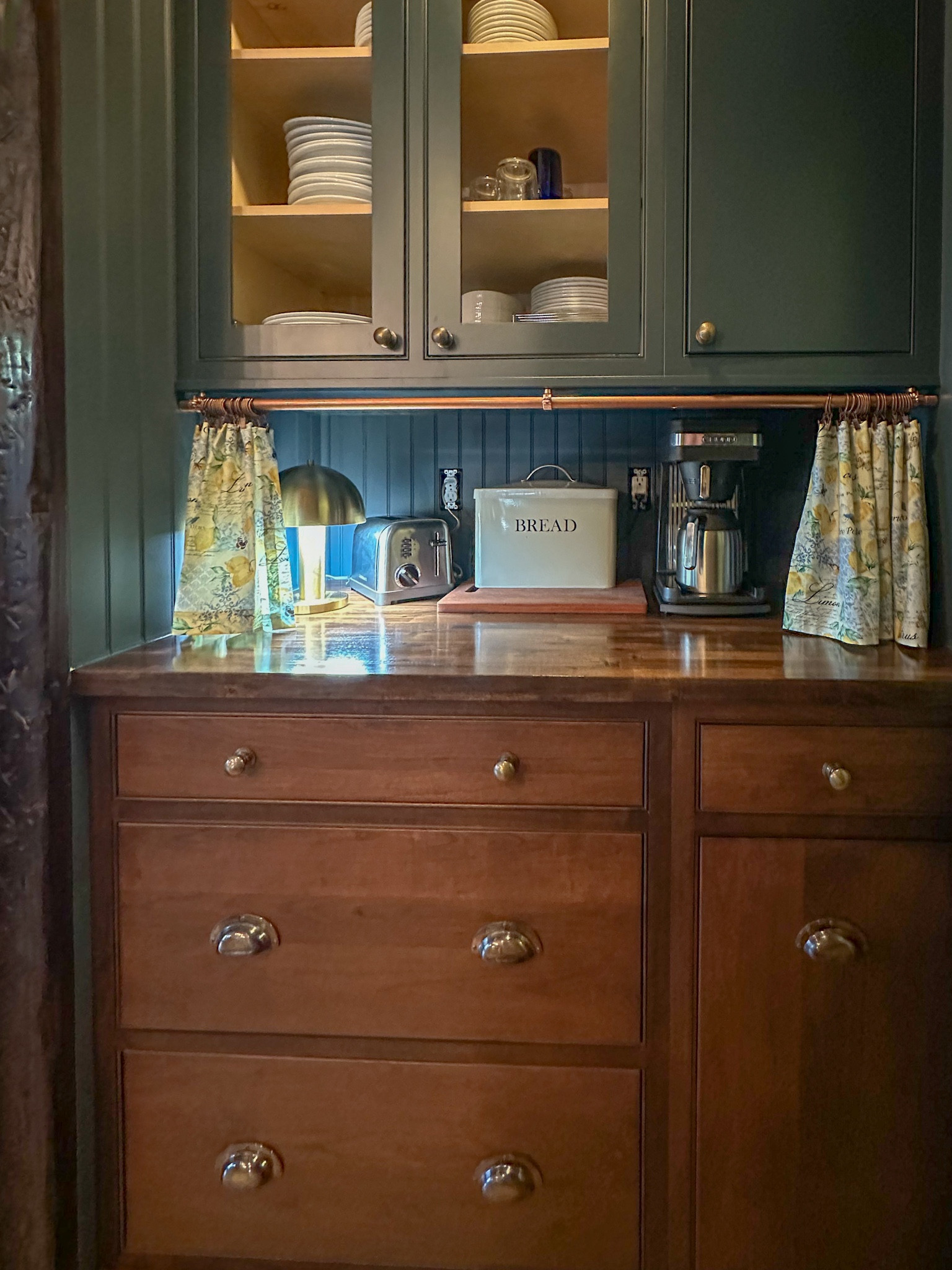 If you want a custom appliance garage but can’t afford one?  This solution is super fun.
. 
French lemon fabric (about one yard) and a copper rail made into a curtain rod.  
.
What’s not awesome about that?


#LTKFindsUnder100 #LTKSeasonal #LTKHome