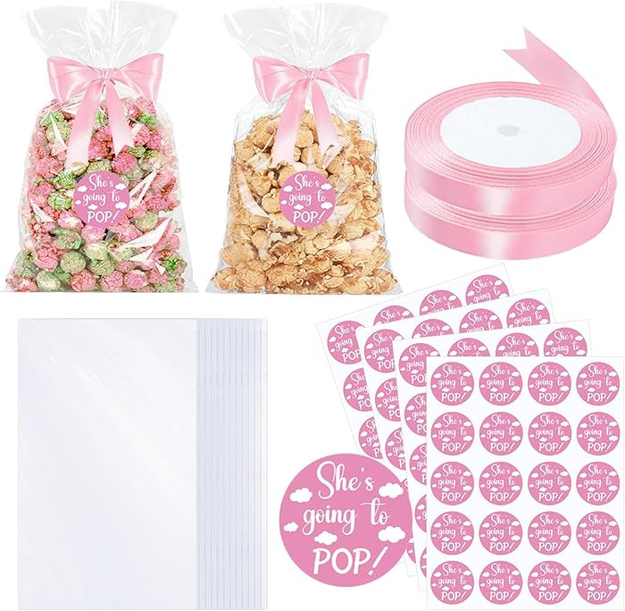 Adodotoe 100 Pack Pink Baby Shower Popcorn Bags & Stickers, Clear Plastic Treat Bags with Ribbon ... | Amazon (US)