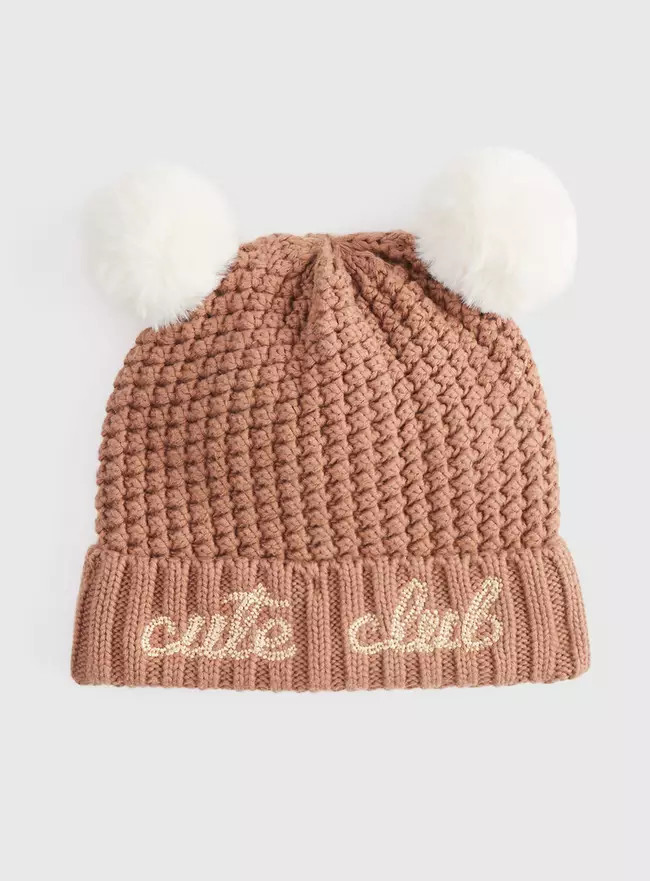 Buy Brown Cute Club Graphic Double Pom Detail Beanie Hat Up to 3 mths | Accessories | Tu | Tu Clothing