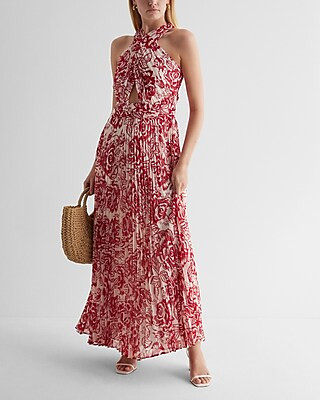 Printed Wrap Halter Neck Cutout Pleated Maxi Dress | Express