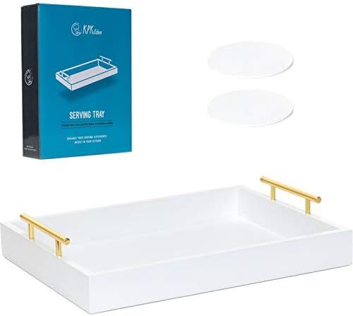 White Serving Tray with Handles in Gold - 2 White Wood Coasters - 15.75''x12.2'' - Wooden Decorat... | Amazon (US)
