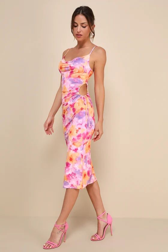 Vibrant Babe Pink Multi Floral Cutout Drawstring Midi Dress | Lulus