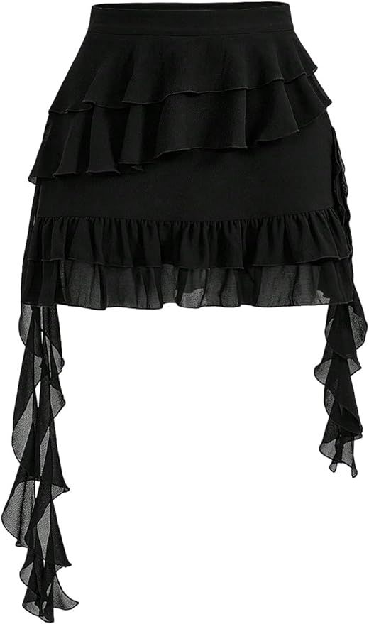 Women's Y2K Solid High Waist Ruffle Hem Skirt Tiered Layer Regular Fit Asymmetrical Party Skirt | Amazon (US)