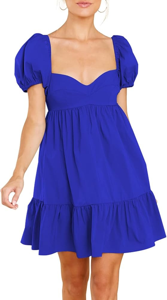 BELONGSCI Women's Summer Cute Dress Sweetheart Neckline Puff Sleeve Ruffle A-Line Casual Loose Flowy | Amazon (US)