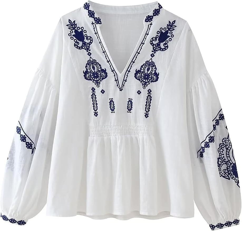 Womens Embroidered Shirt Long Sleeve Peasant Blouse Lantern Sleeve Boho Tops V Neck Loose Lightwe... | Amazon (US)