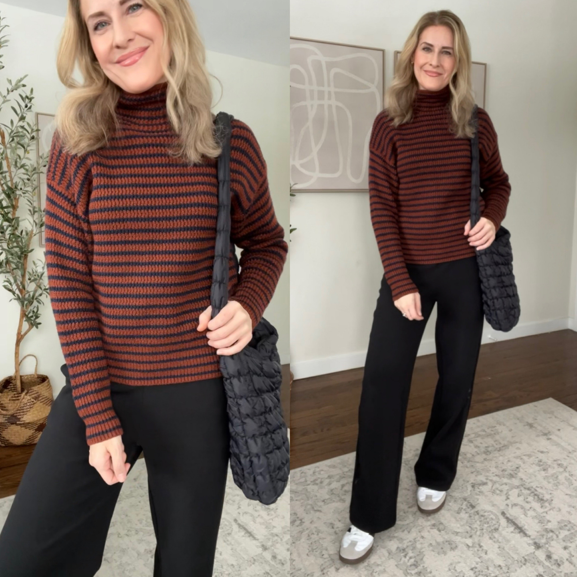 Walmart sweater, cotton, not much stretch, comfy and I love the mockneck. I went up one size to a medium. #walmartfashion 