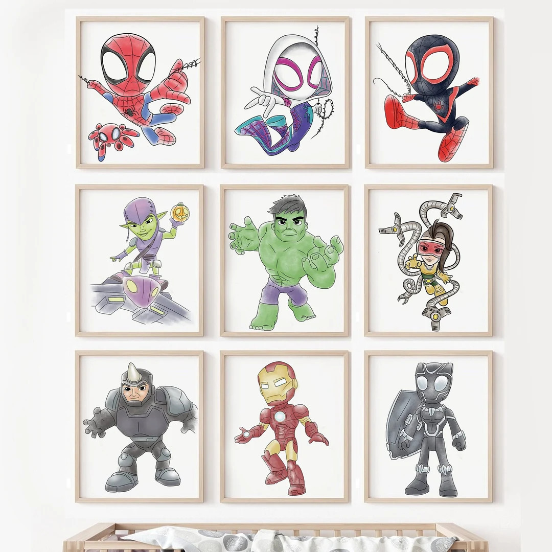 Spider and Friends Wall Art, Set of 9, Avengers Nursery Art, Kids Decor, Spiderman Art, Iron Man,... | Etsy (US)