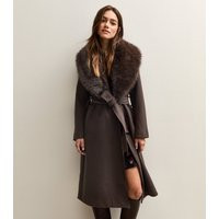 Women's Petite Dark Brown Faux Fur Collar Belted Coat New Look | New Look (UK)