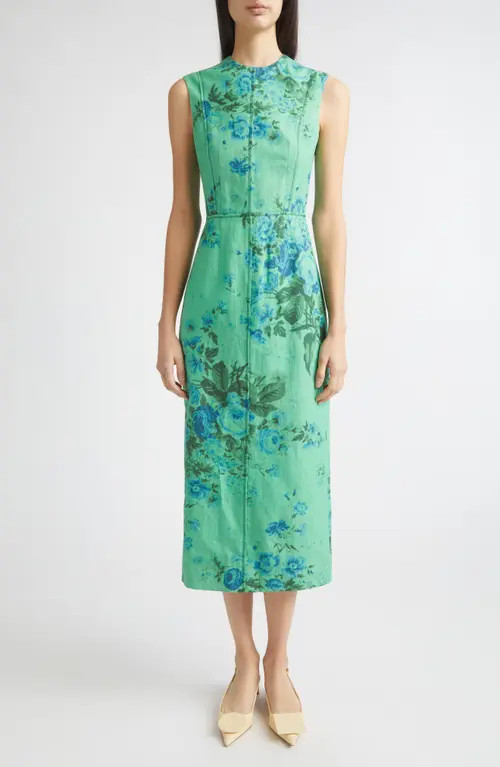 Erdem Floral Print Sleeveless Linen Midi Pencil Dress in Rose Bouquet Sea Green at Nordstrom, Size 6 Us | Nordstrom