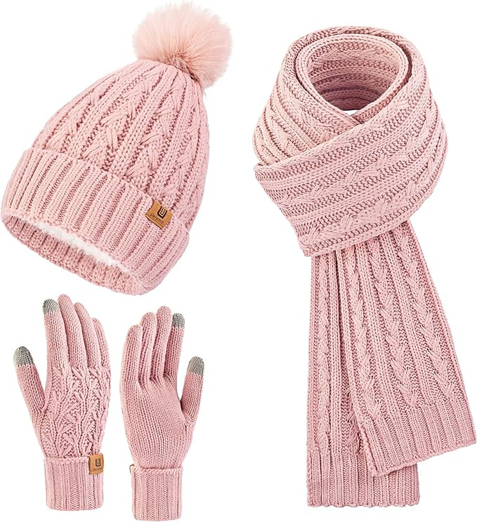 Womens Winter Warm Beanie Hat Long Scarf Touchscreen Gloves Set with Fleece Lined Skull Pom Caps ... | Amazon (US)
