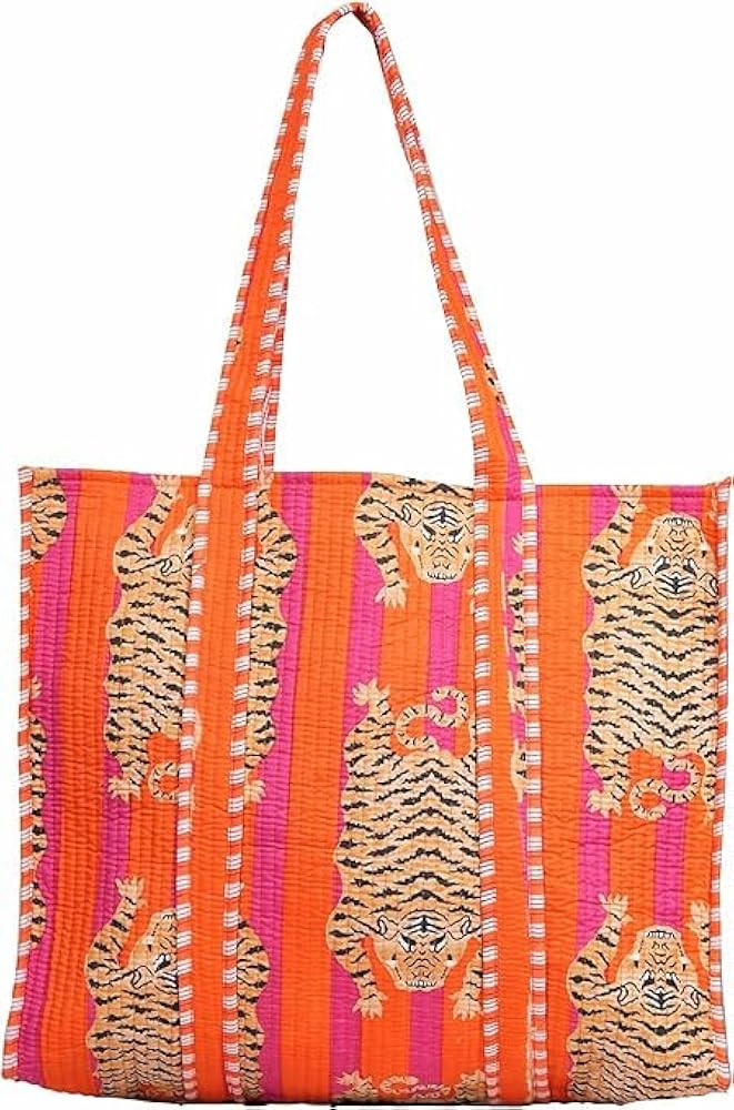 Jaipuri Tiger block Print Tote Bag Indian Handmade Cotton Shopping Tote bag Unisex Tote Bag Handm... | Amazon (US)
