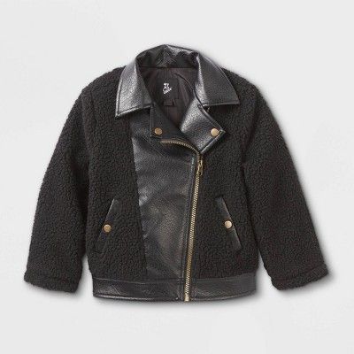 Toddler Girls' Sherpa & Faux Leather Moto Jacket - art class™ Black | Target